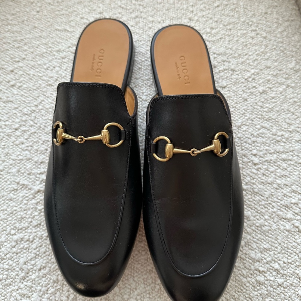 Gucci Black Leather Mules with Gold Hardware